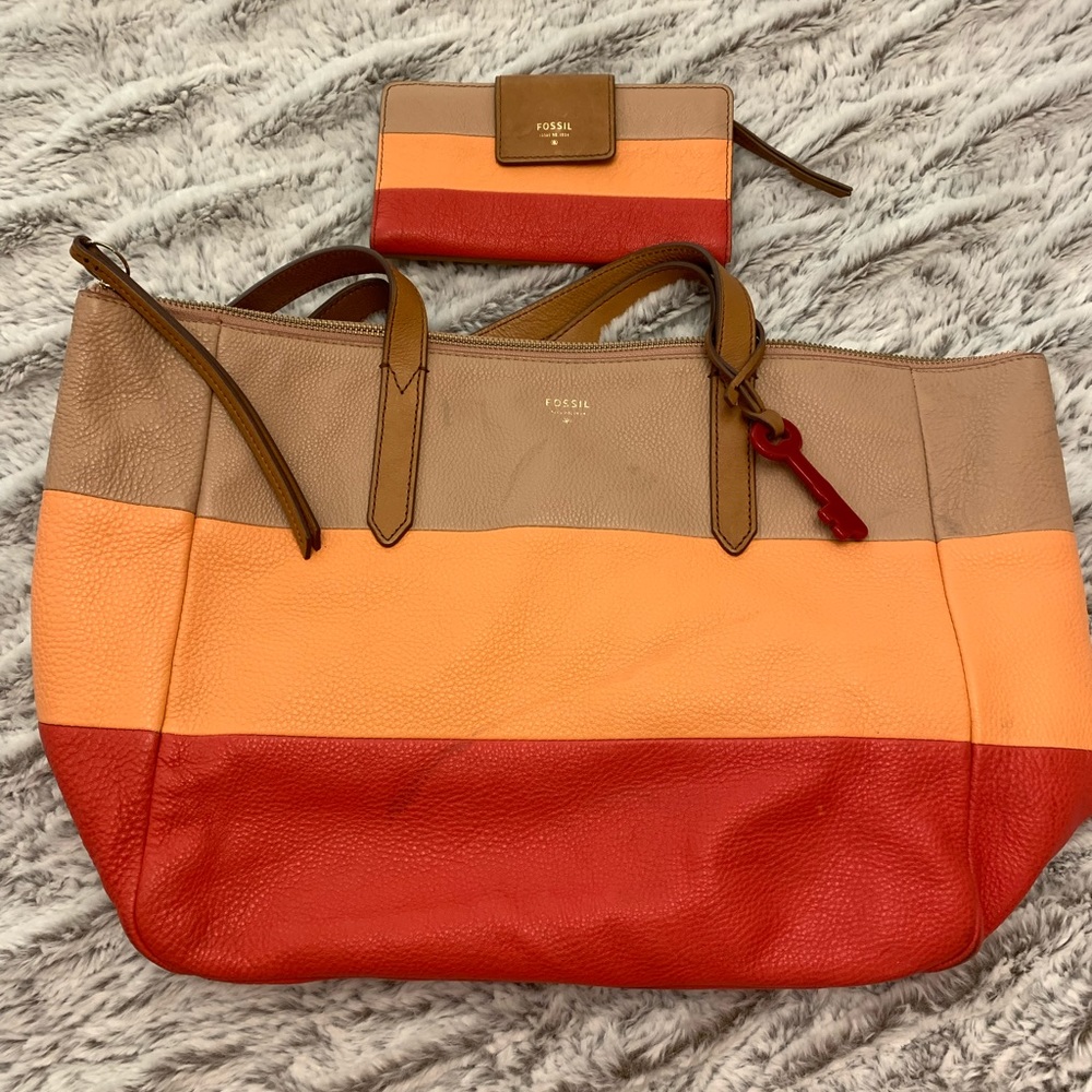 Fossil Striped Handbag and Wallet Set